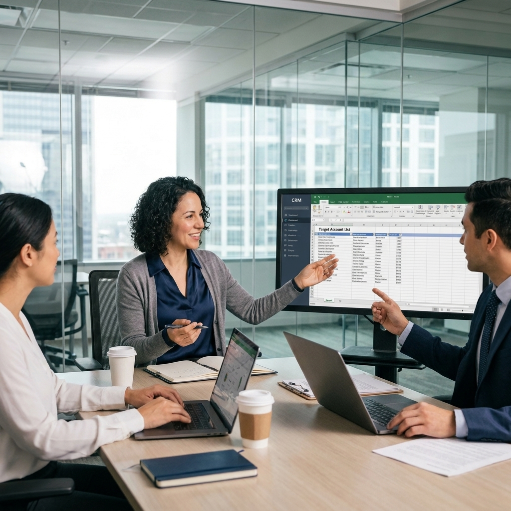 A B2B sales and marketing team reviewing a target account list alongside a CRM during a planning meeting
