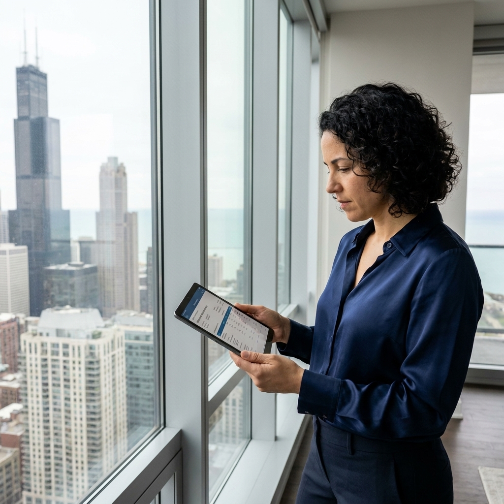 A Chicago professional standing near a window in a high-rise apartment reviewing retirement account statements on a tablet