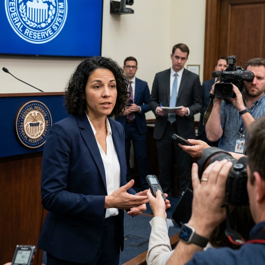 A Federal Reserve chair speaking at a press conference while reporters sit in the audience