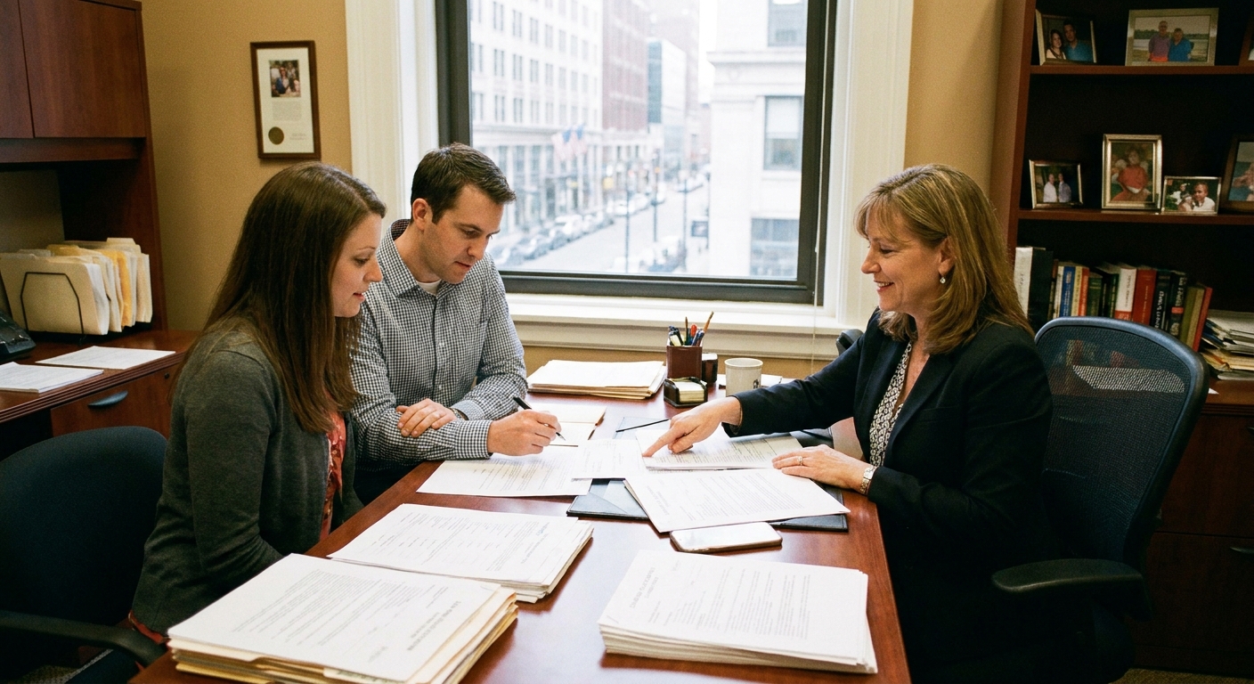 A bank loan officer meeting with a couple in an office, reviewing paperwork across a desk
