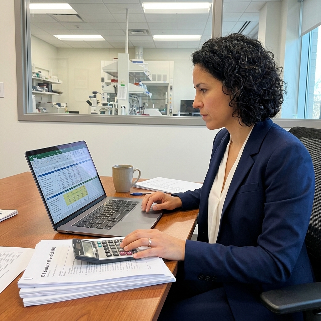 A biotech CFO reviewing a financial model on a laptop in an office with lab-related documents and a calculator nearby