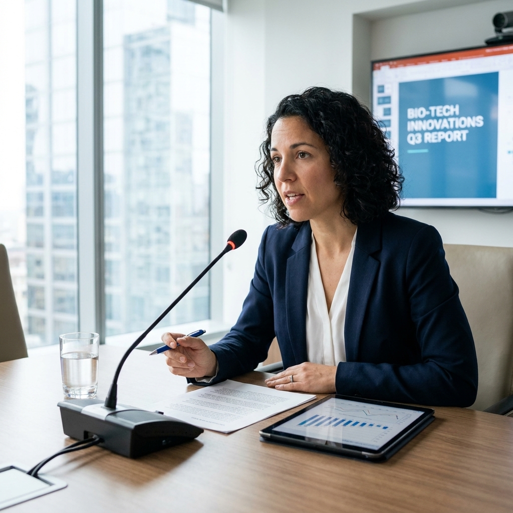 A biotech executive speaking on a conference call in a modern office conference room with a microphone and notes on the table
