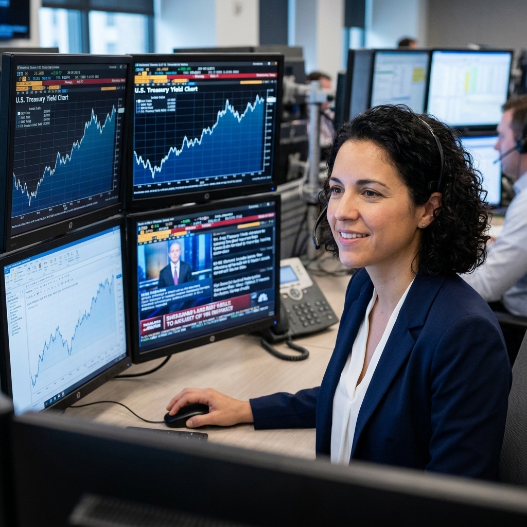 A bond trader reviewing U.S. Treasury market data on multiple monitors at a trading desk.