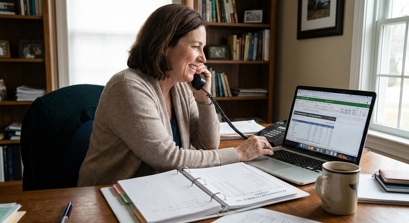 A bookkeeper making a polite follow-up phone call at a desk with an accounts receivable ledger open on a laptop