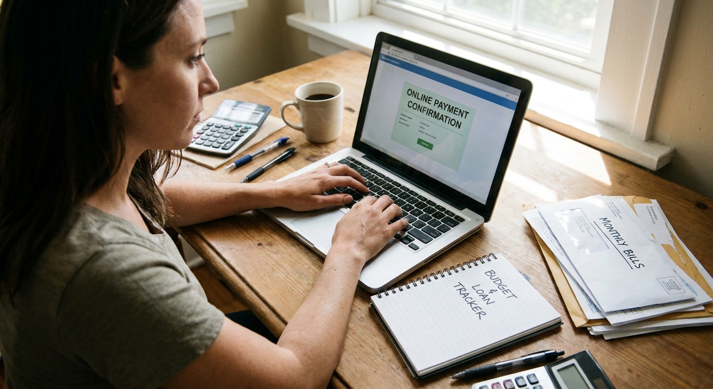 A borrower at a desk making an online payment on a laptop with a notebook and monthly bills nearby.