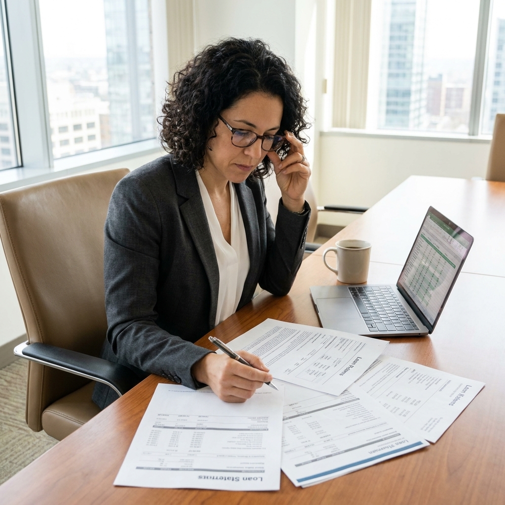 A business finance leader seated at a conference table reviewing loan documents and financial statements in an office