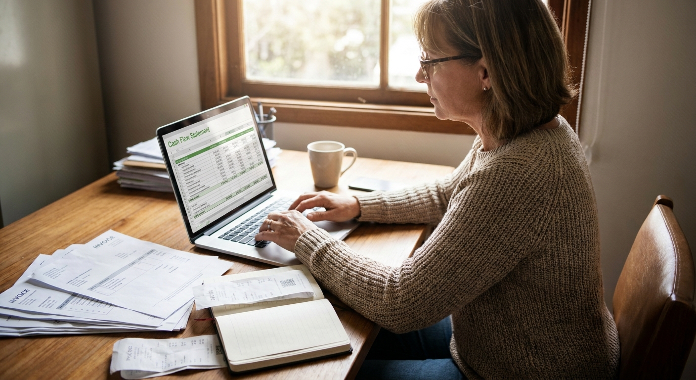 A business owner in a small office reviewing a cash flow spreadsheet on a laptop with paper invoices on the desk