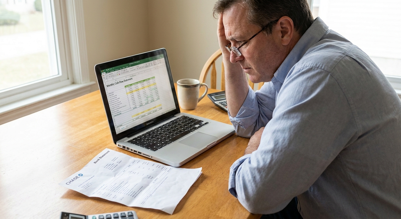 A business owner reviewing a cash flow report on a laptop with a bank statement on the table
