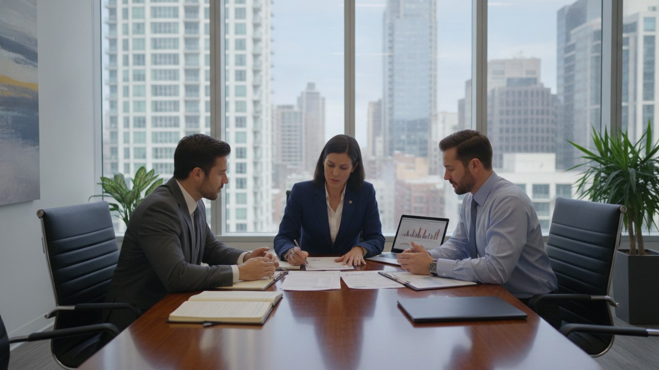 A business owner reviewing paperwork with a tax professional in an office.