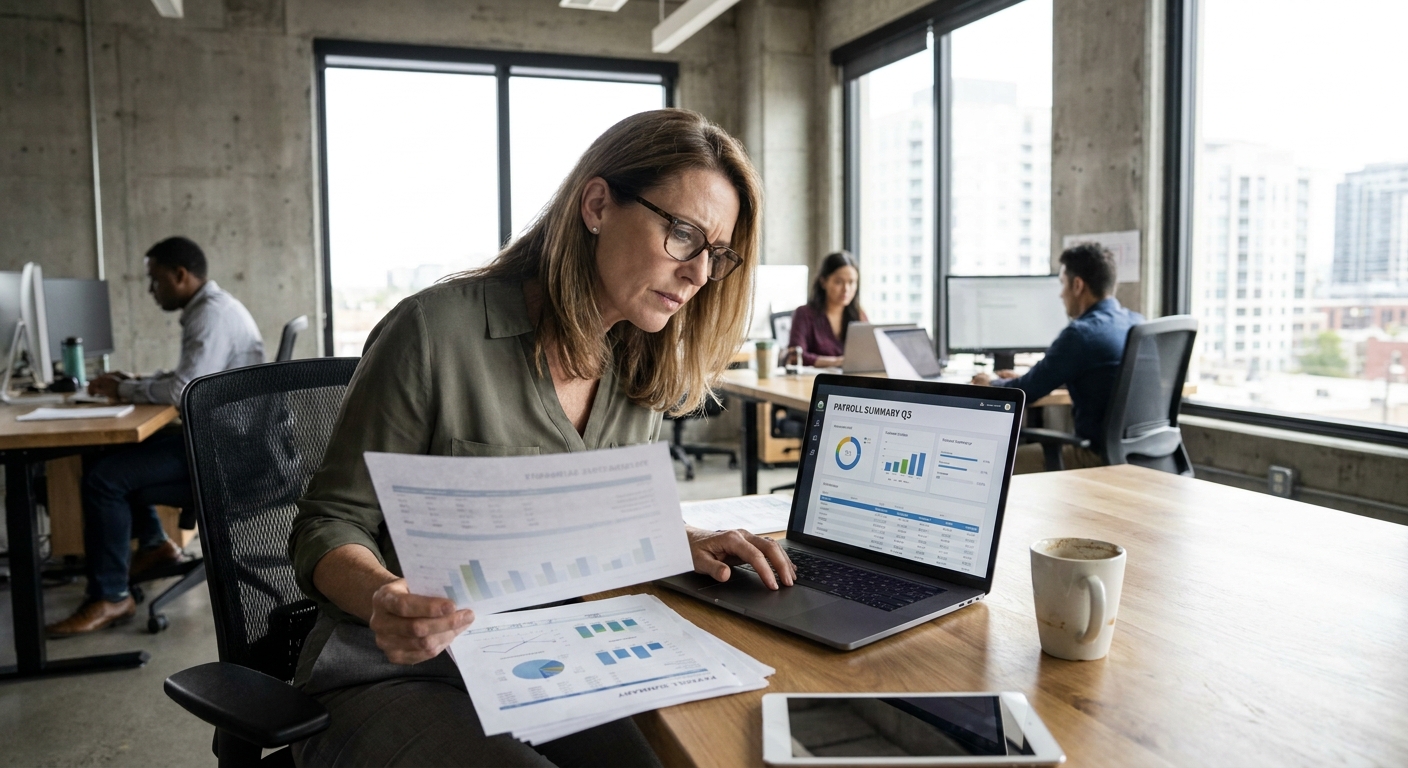 A business owner reviewing payroll reports on a laptop while holding printed financial statements in a modern office
