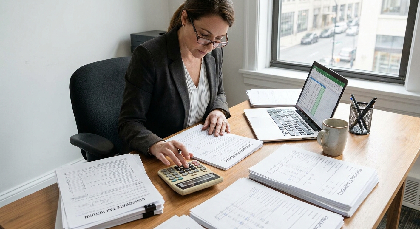 A business owner seated at a desk reviewing corporate tax paperwork with a calculator and a laptop open