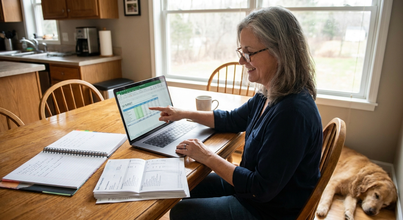 A business owner seated at a kitchen table reviewing a laptop budget sheet with a notebook and bank statements nearby, natural morning light