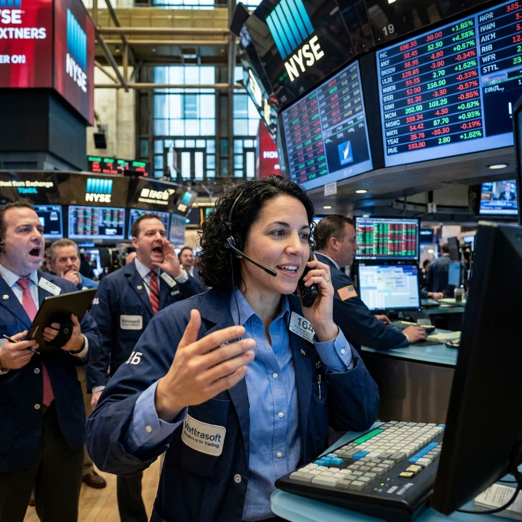 A busy stock exchange trading floor with traders working at terminals and large electronic displays in the background, candid financial newsroom style