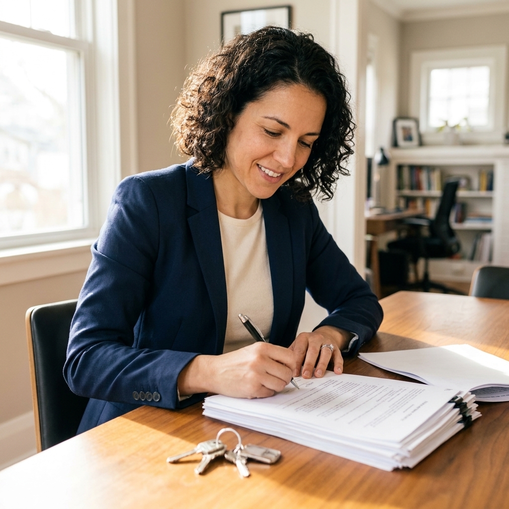 A buyer signing documents at a residential real estate closing table with a key set and a stack of papers in natural indoor light.