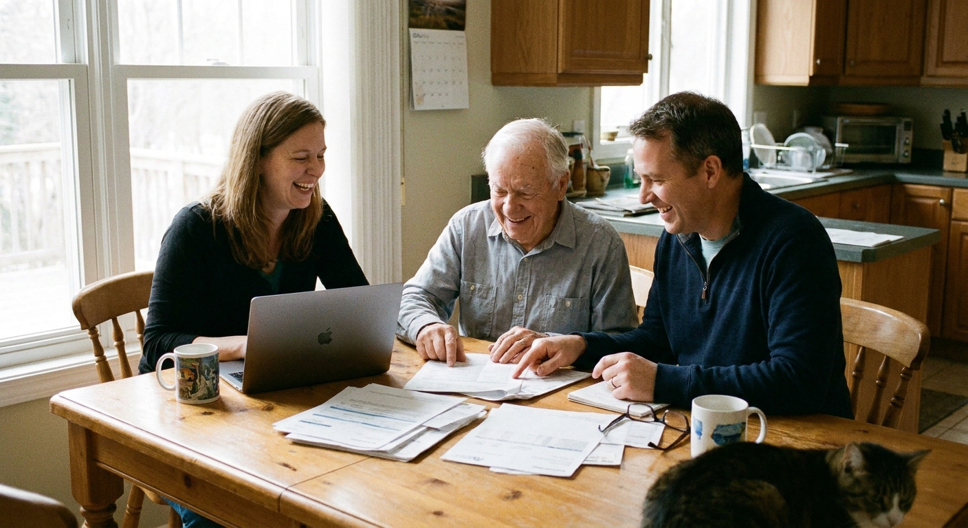A candid photograph of two adult siblings and a parent sitting at a kitchen table reviewing financial paperwork together in natural window light
