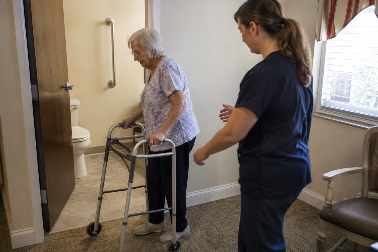 A caregiver assisting a senior resident as they stand up safely from a chair in an assisted living common area