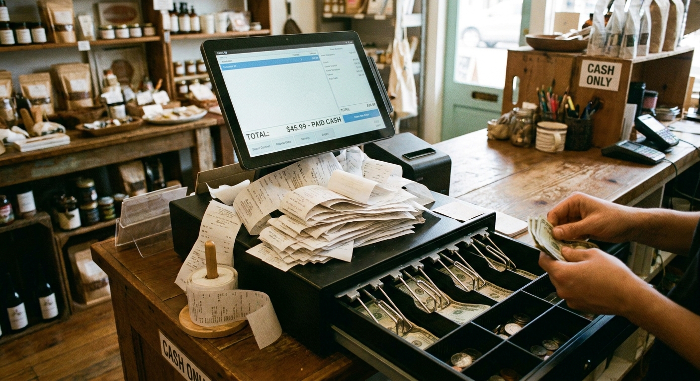 A cashier counter in a small retail store with a point of sale screen and a stack of receipts, suggesting day to day business cash flow