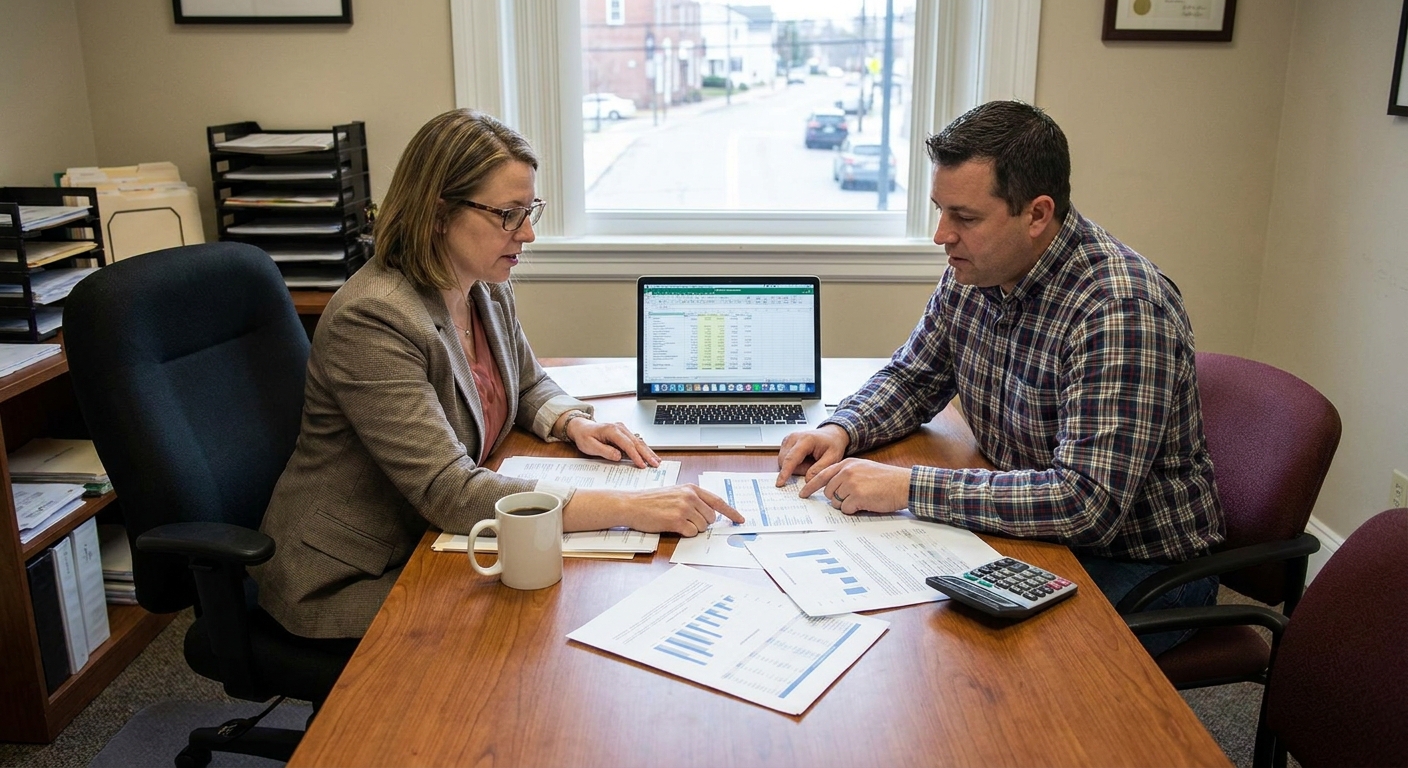 A certified public accountant meeting with a small business owner at a conference table while reviewing financial statements