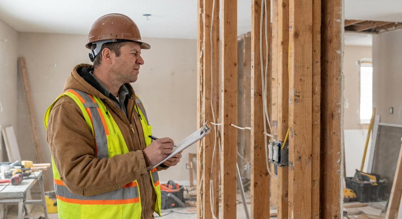 A city building inspector standing in a residential home under renovation, reviewing notes while looking at exposed framing