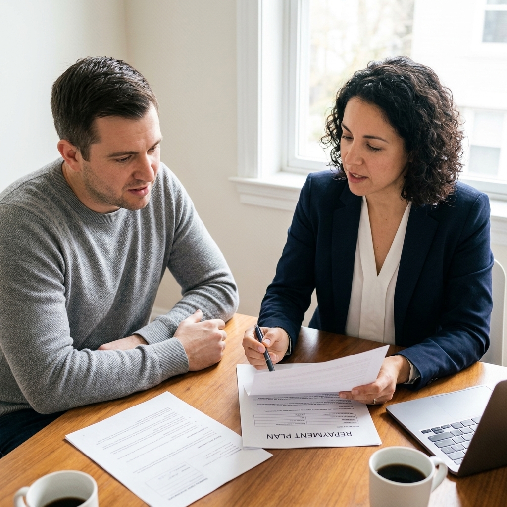 A client meeting with a credit counselor at a small office table, reviewing paperwork and discussing a repayment plan