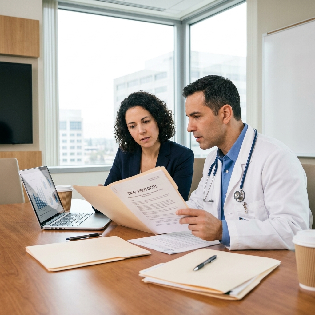 A clinical operations lead and a physician reviewing a trial protocol together in a hospital conference area with folders and a laptop