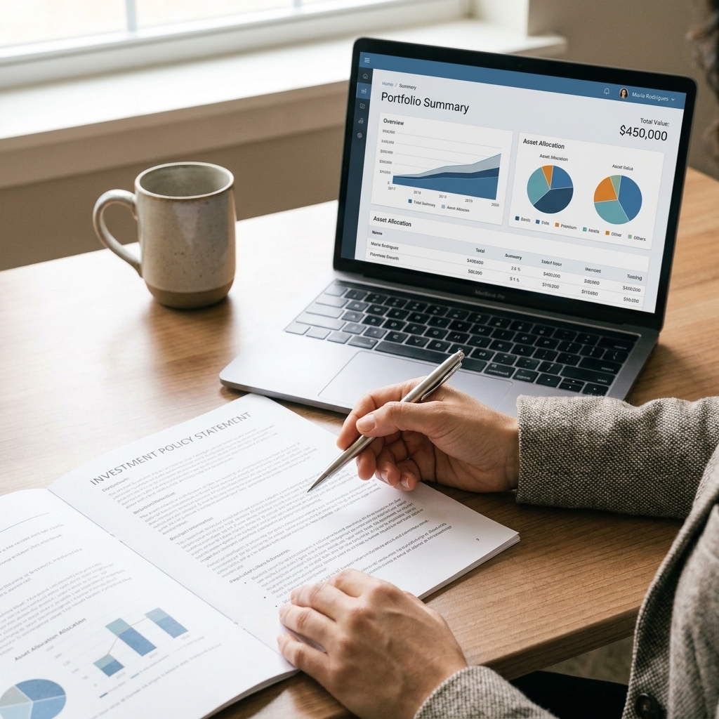 A close-up photo of an investment policy statement on a desk next to a pen and a laptop showing a portfolio summary page