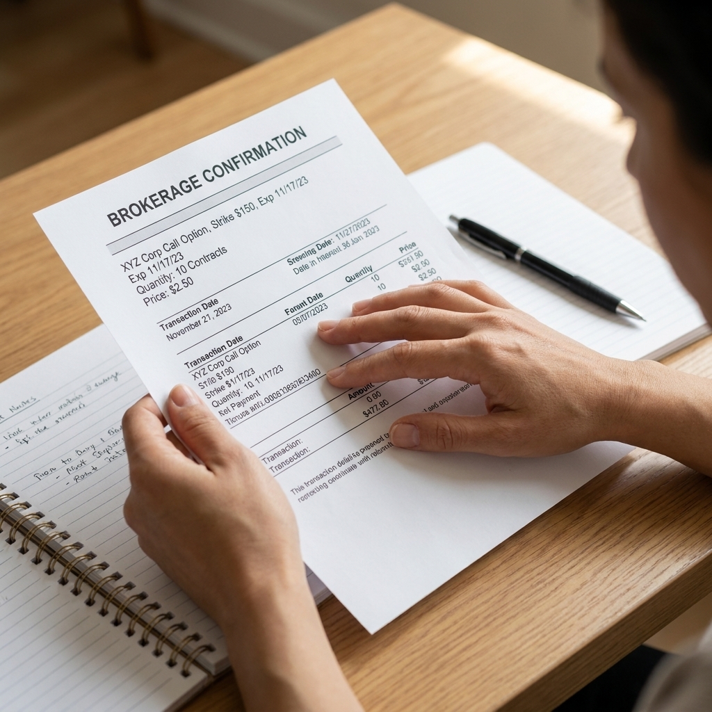 A close-up photo of hands holding a printed brokerage confirmation page with option contract details, on a desk with a pen and notebook