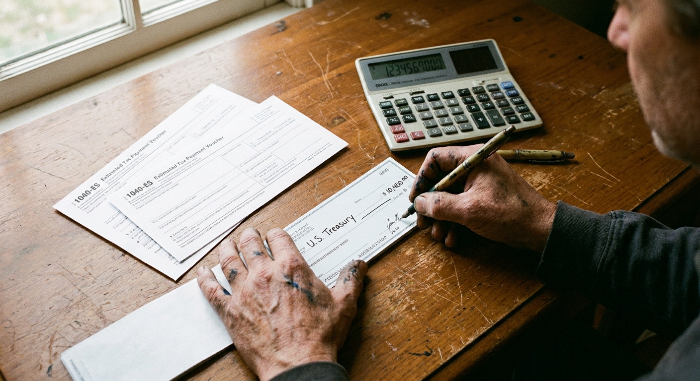 A close-up photograph of a person’s hands writing a check next to printed tax payment vouchers and a calculator on a wooden desk