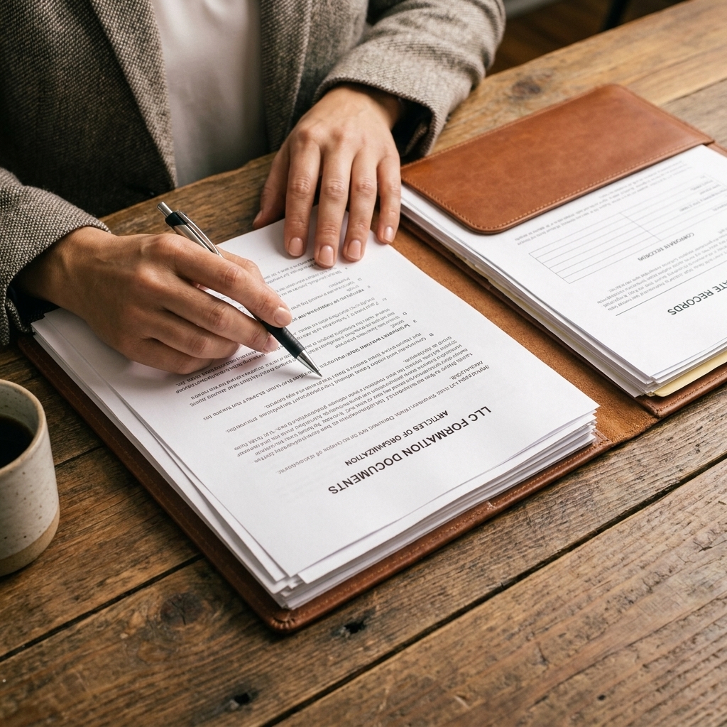 A close-up photograph of hands reviewing LLC formation documents and a folder of corporate records on a wooden desk