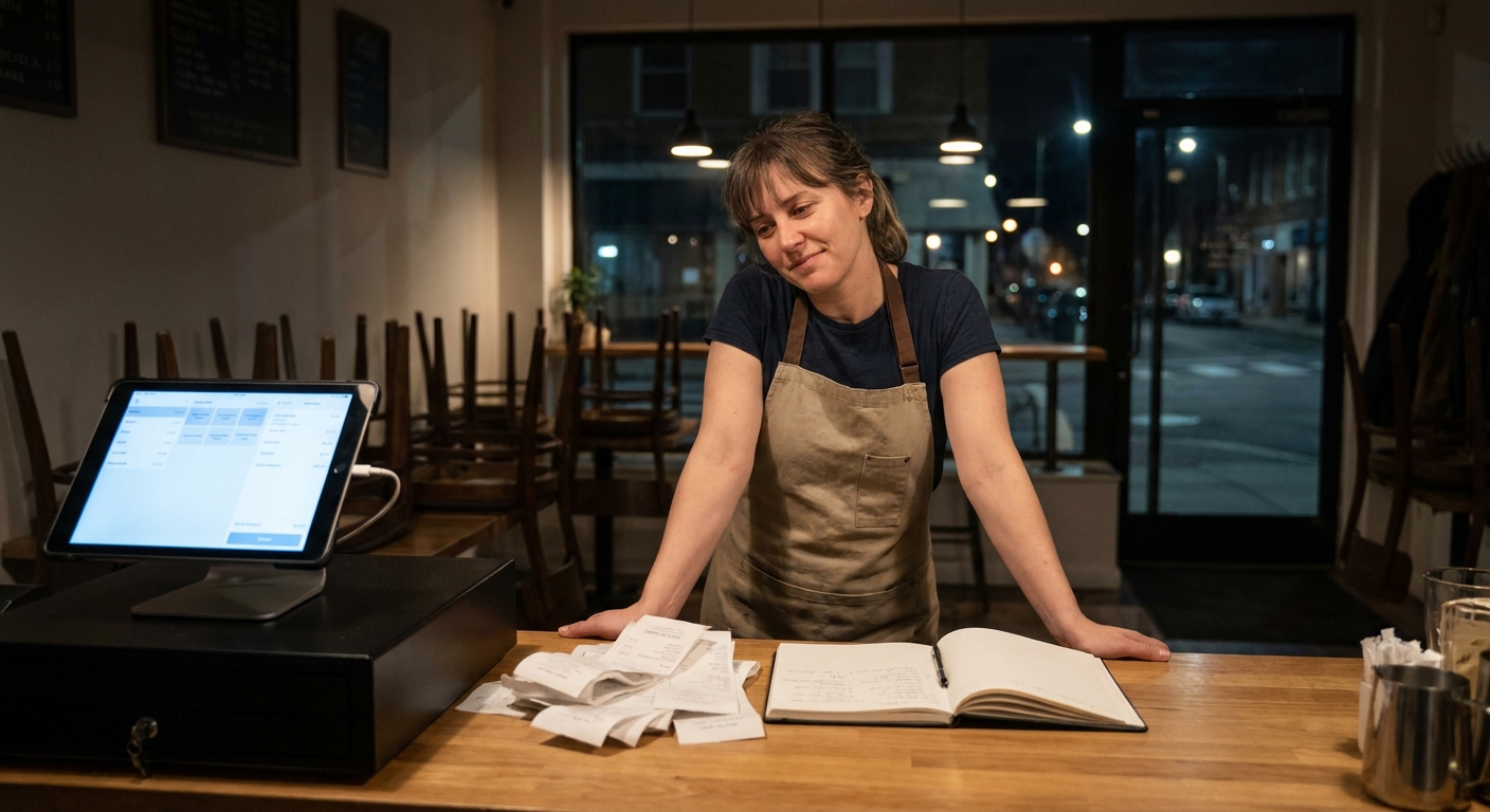 A coffee shop owner standing behind a counter after closing, reviewing receipts and a notebook next to a point-of-sale terminal