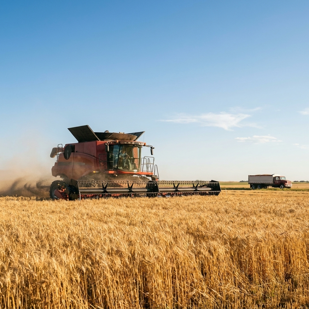 A combine harvesting wheat in a Kansas field under a clear summer sky