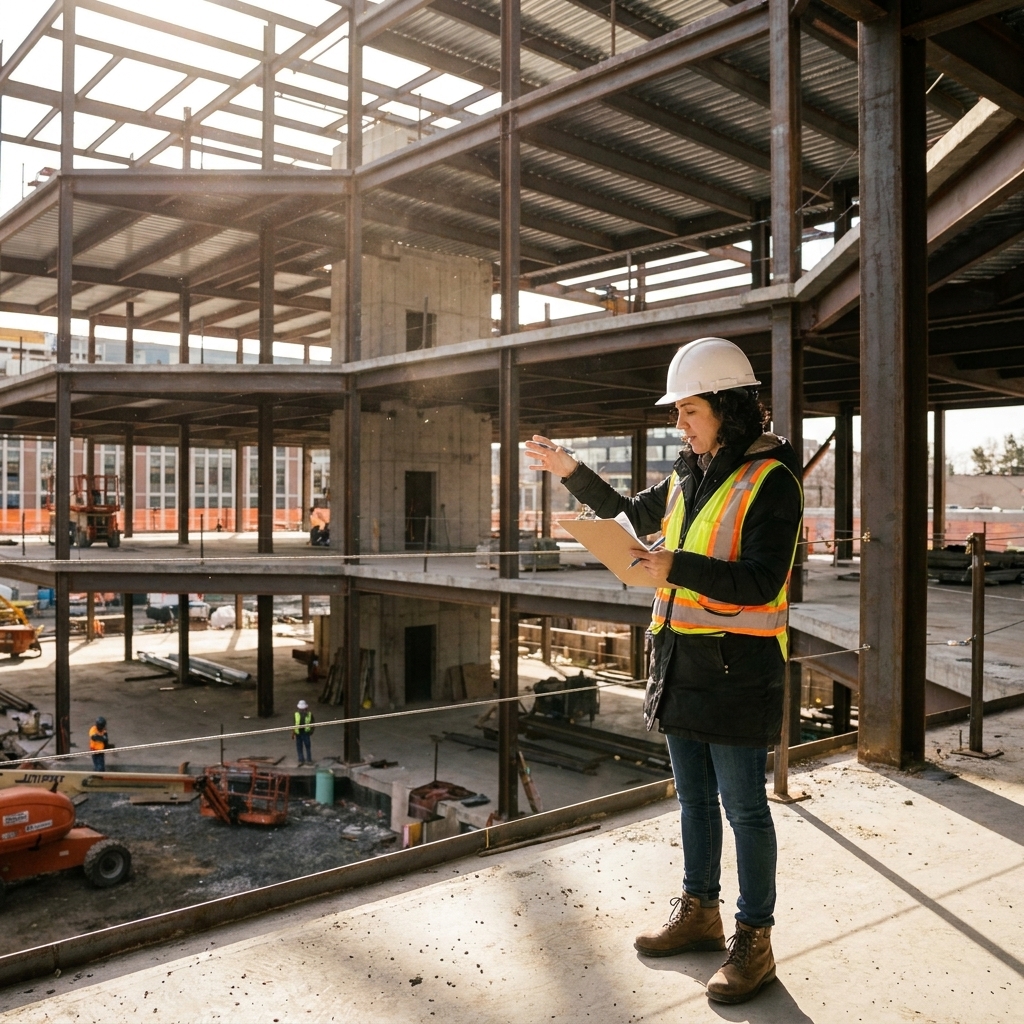 A commercial building under construction with a lender's inspector in a hard hat reviewing the site with a clipboard