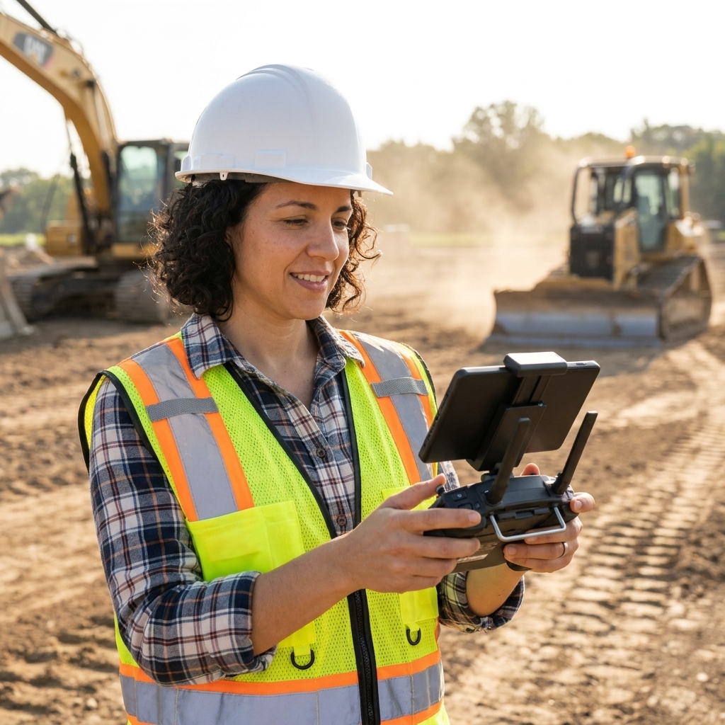 A construction project manager holding a drone controller while standing beside compacted soil and heavy equipment on an active job site