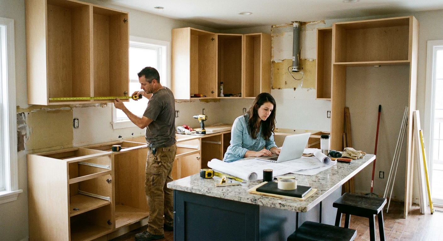 A contractor measuring kitchen cabinets during a home renovation while a homeowner reviews paperwork at the counter
