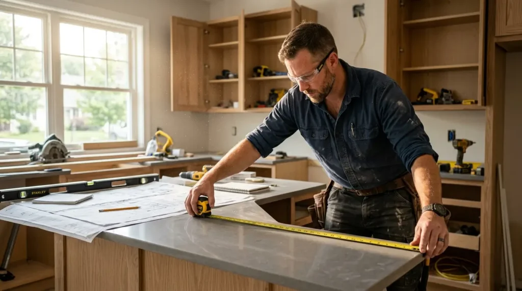 A contractor standing in a partially renovated kitchen taking measurements near new cabinets