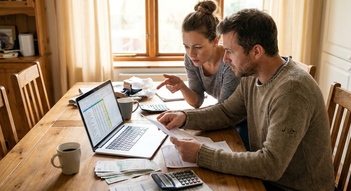 A couple at home reviewing their monthly budget with a laptop and printed bills spread on a dining table