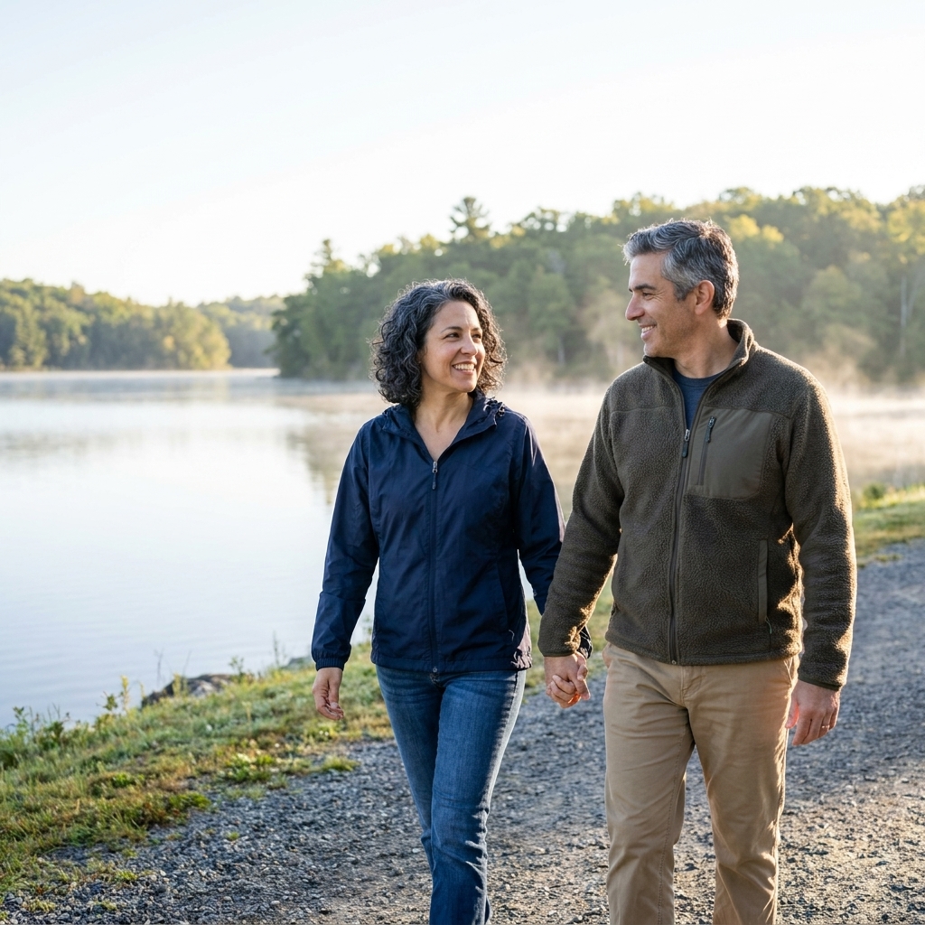 A couple in their late 50s walking along a lakeshore on a clear morning