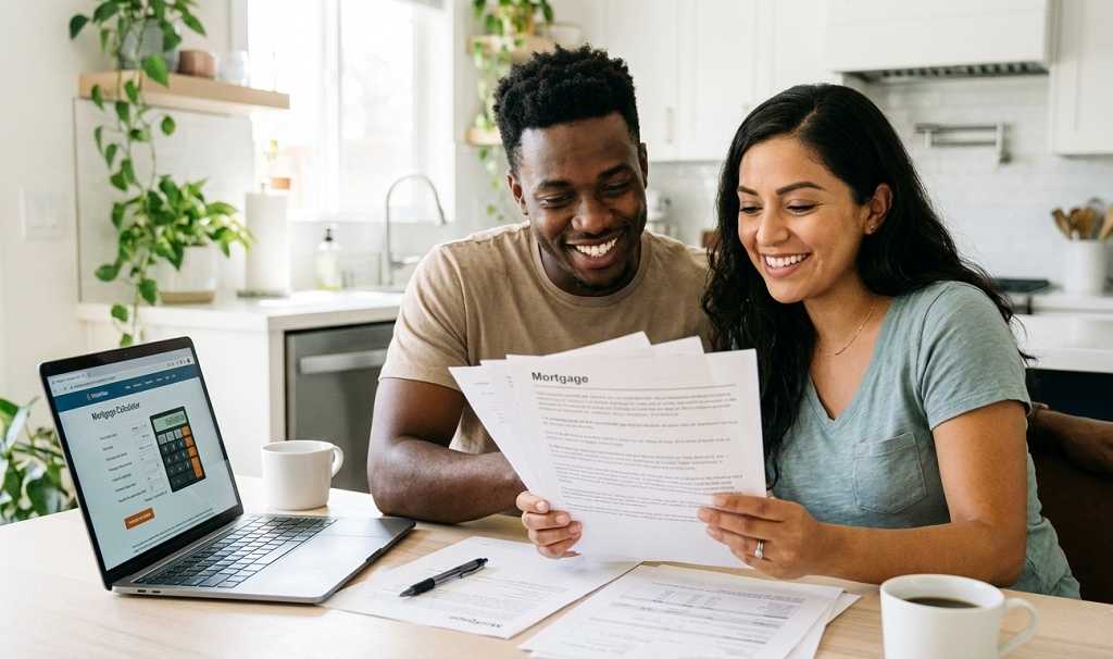 A couple reviews mortgage paperwork together at a kitchen table with a laptop and coffee mugs.