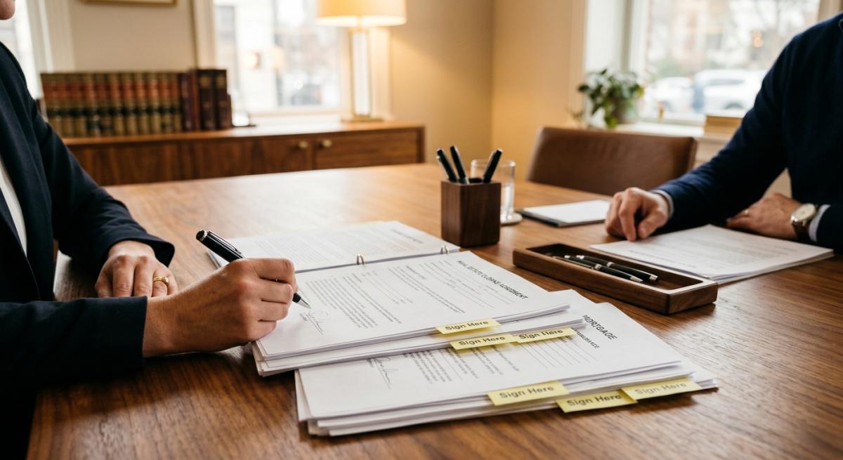 A couple signing mortgage closing documents at a kitchen table with a pen and a folder of paperwork