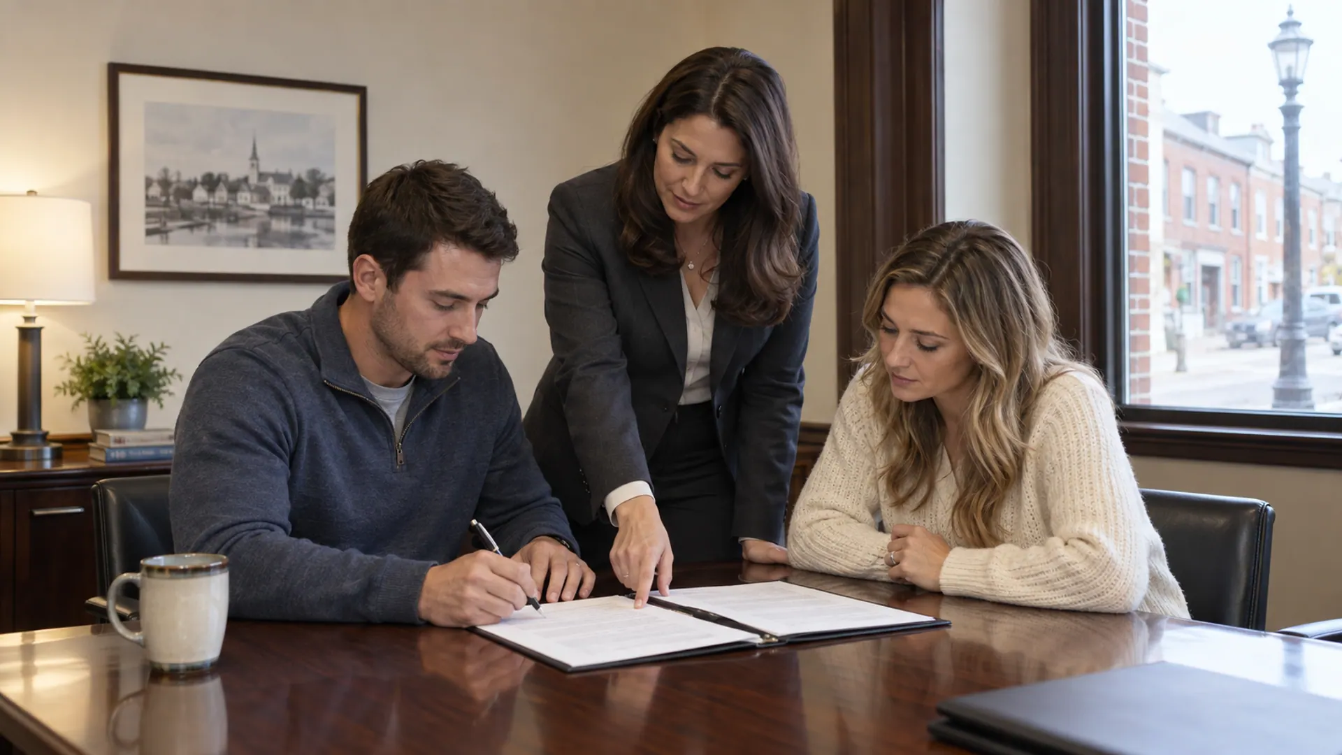 A couple sitting at a dining room table reviewing closing documents with a calculator and a laptop open