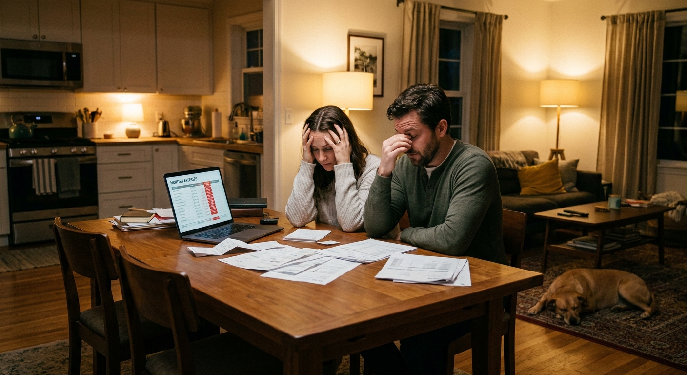 A couple sitting at a dining table reviewing bills and a laptop budget spreadsheet in the evening at home.