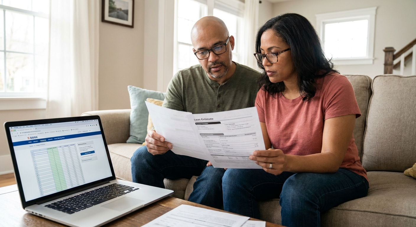 A couple sitting on a couch reviewing a Loan Estimate document together with a laptop open, focused and thoughtful