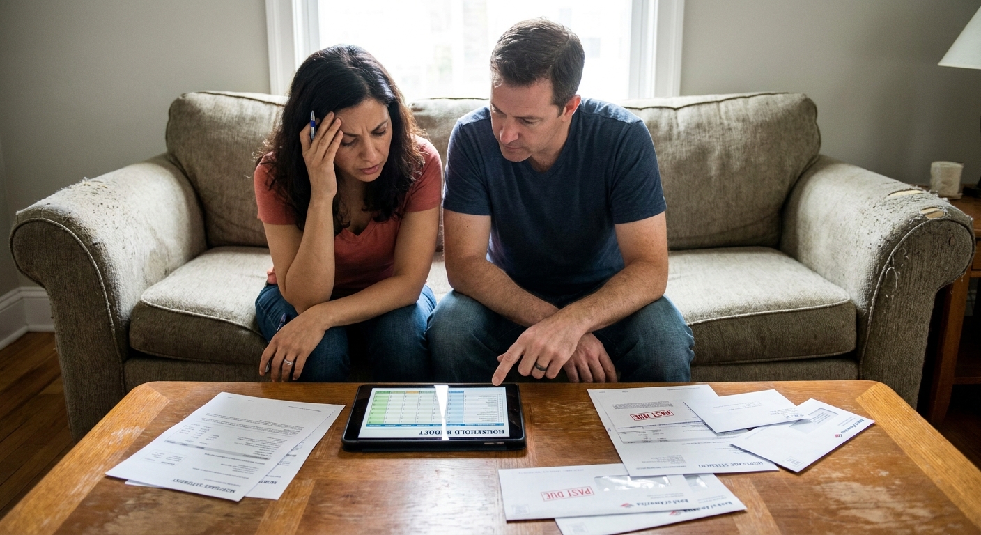 A couple sitting on a couch reviewing a household budget on a tablet while mortgage mail is spread on a coffee table
