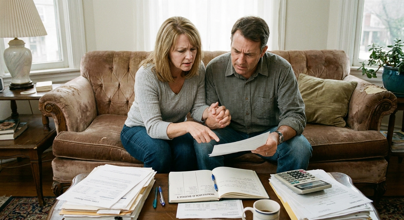 A couple sitting together on a couch reviewing a household budget and loan paperwork with a calculator