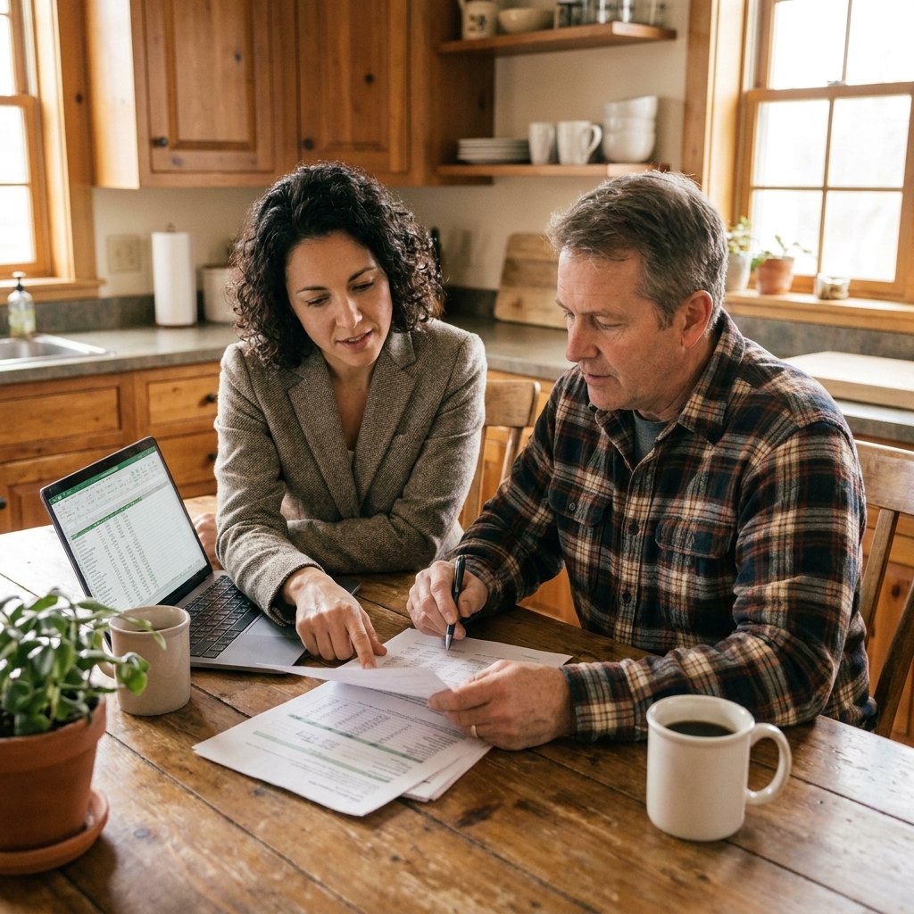 A crop insurance agent and a farmer sitting at a kitchen table in a farmhouse, reviewing paperwork with a laptop open