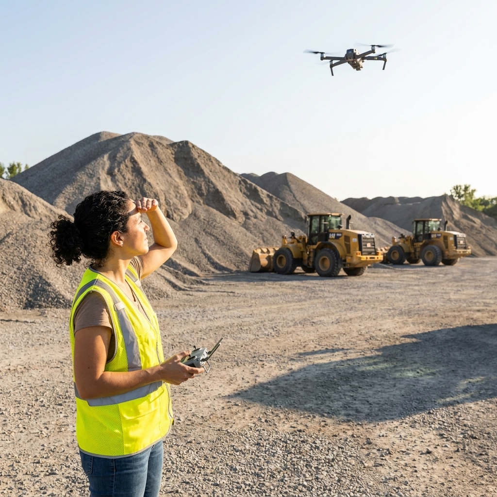 A drone flying above a gravel stockpile yard with loaders parked nearby on a sunny afternoon