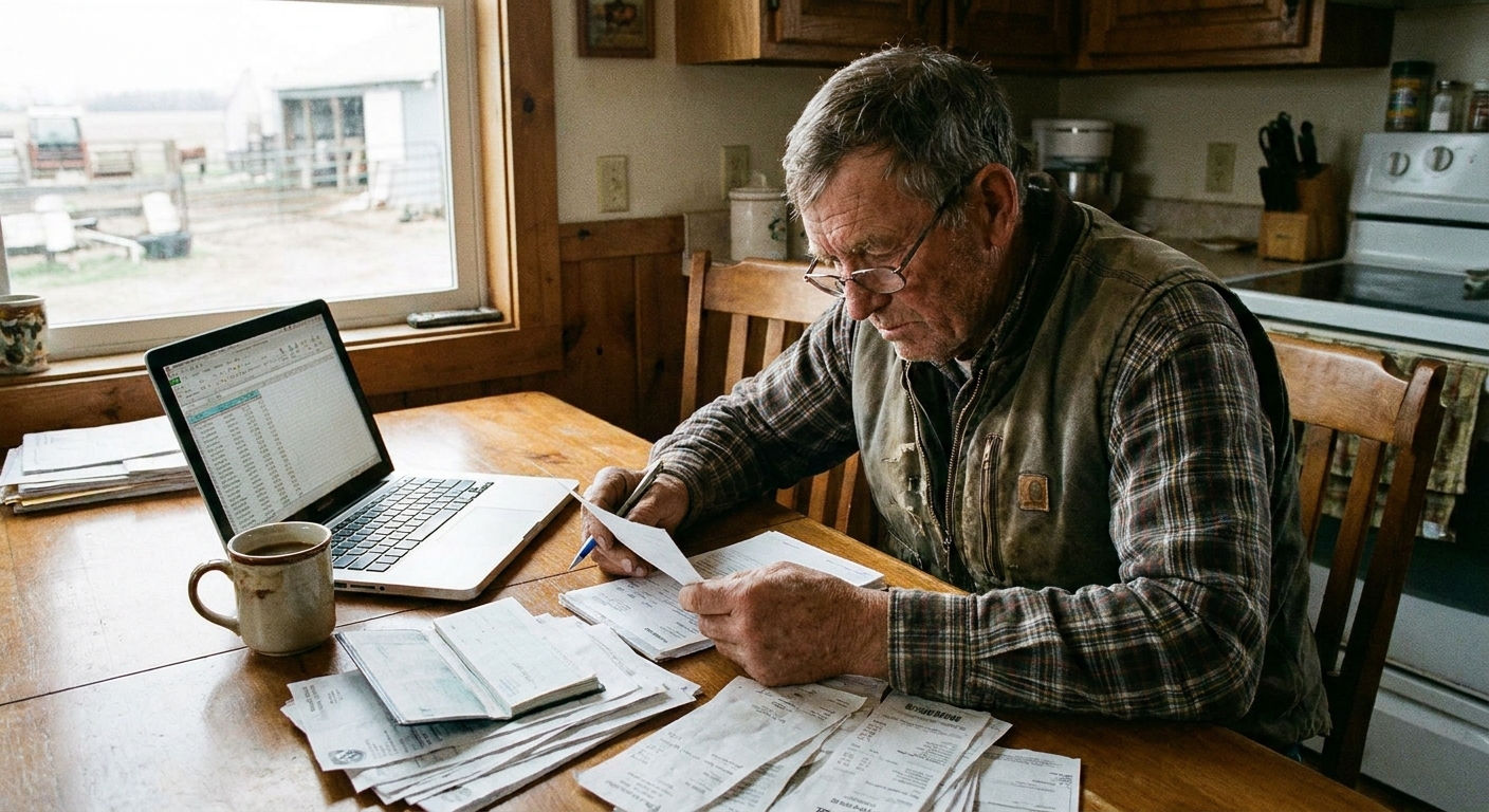 A farmer sitting at a kitchen table reviewing receipts and farm invoices next to a laptop and a cup of coffee.