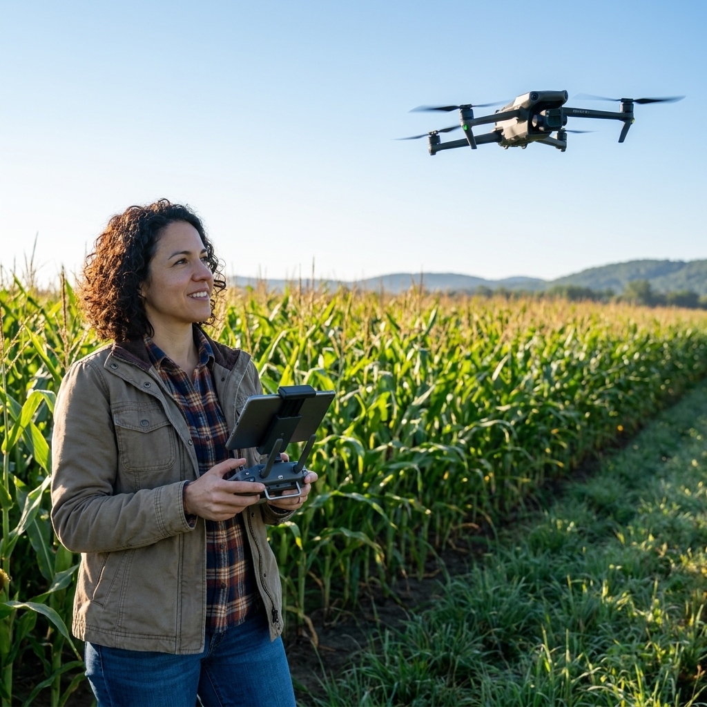 A farmer standing at the edge of a green corn field holding a drone controller during a clear morning