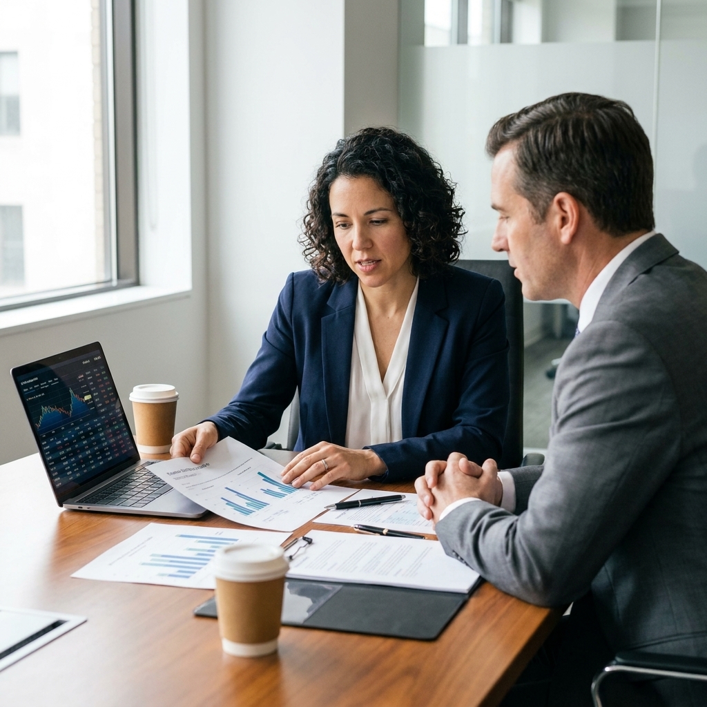 A financial advisor and a client seated at a conference table with paperwork and a laptop open, having a focused discussion about long-term planning