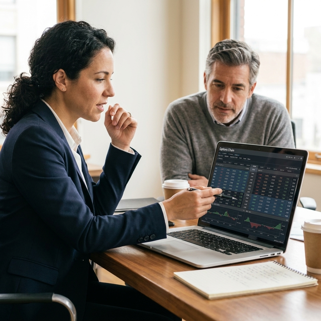 A financial advisor and an investor reviewing an options chain on a laptop across a desk